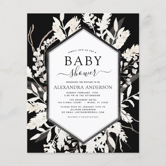 Budget Boho Beige Zwart Botanisch Baby Shower Flyer (Voorkant)