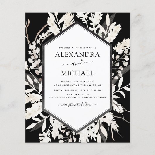 Budget Boho Black Beige Botanical Wedding Flyer (Voorkant)