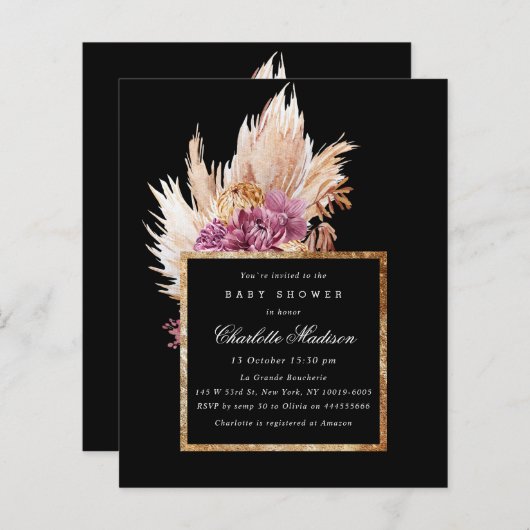 Budget Boho Black, Gold Baby shower Invitation (Voorkant / Achterkant)