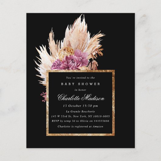 Budget Boho Black, Gold Baby shower Invitation (Voorkant)