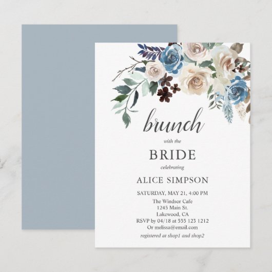 Budget Boho Blau Beige Bloem Brunch Bruiloft Uitnodiging Briefkaart (Voorkant / Achterkant)