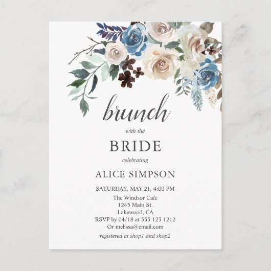 Budget Boho Blau Beige Bloem Brunch Bruiloft Uitnodiging Briefkaart (Voorkant)