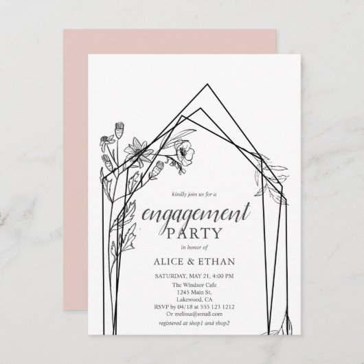 Budget Boho Bloemen Geometrische Verlovingsfeest Uitnodiging Briefkaart (Voorkant / Achterkant)