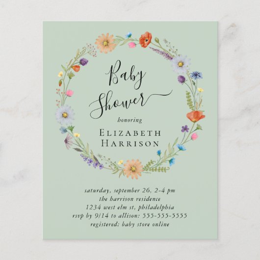 Budget Boho Bloemen Sage Baby Shower Uitnodiging (Voorkant)