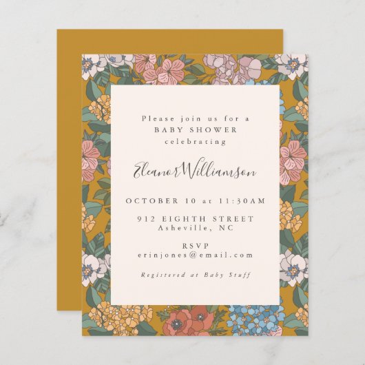 Budget Boho Bloemengeel Baby Shower Uitnodiging (Voorkant / Achterkant)