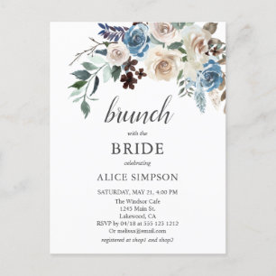 Budget Boho Blue Beige Flower Brunch Vrijgezellenf Uitnodiging Briefkaart