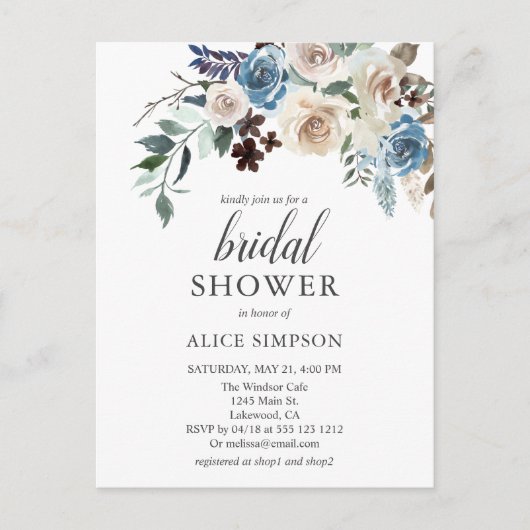 Budget Boho Blue Neutral Flower Vrijgezellenfeest Uitnodiging Briefkaart (Voorkant)