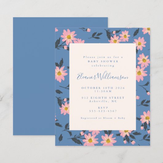 Budget Boho Blue Pink Floral Baby shower (Voorkant / Achterkant)