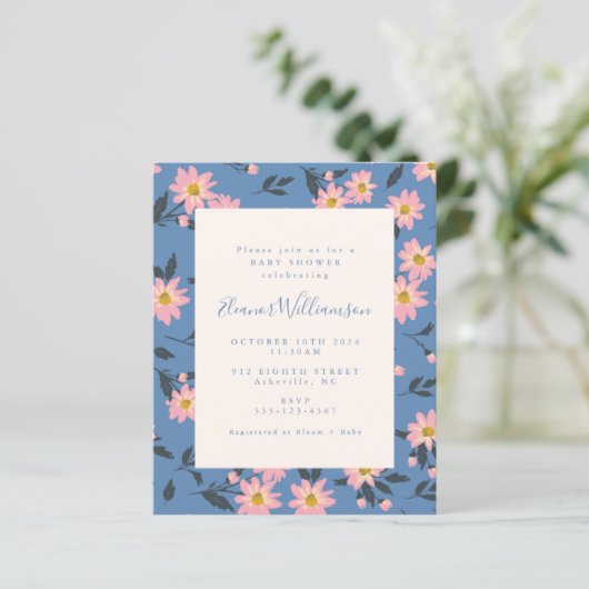 Budget Boho Blue Pink Floral Baby shower (Staand voorkant)