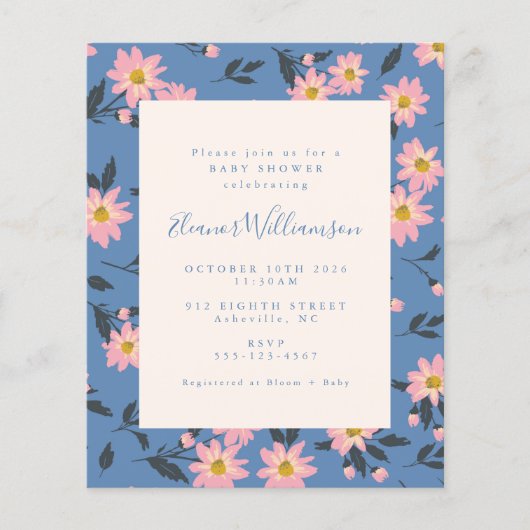 Budget Boho Blue Pink Floral Baby shower (Voorkant)