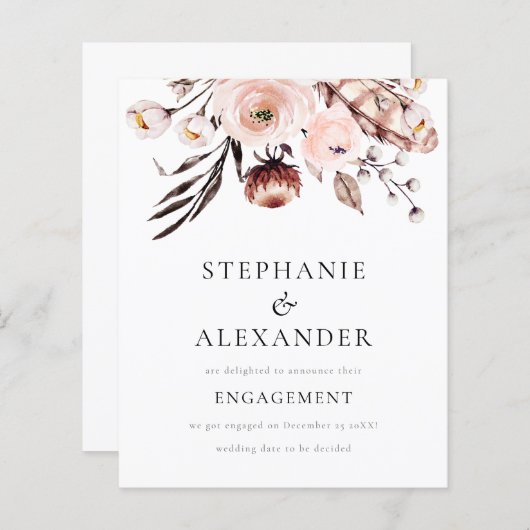 Budget Boho Blush Florals Verloving Mededeling (Voorkant / Achterkant)