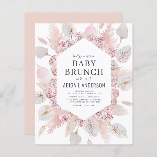 Budget Boho Blush Pink Baby Brunch Uitnodiging (Voorkant / Achterkant)