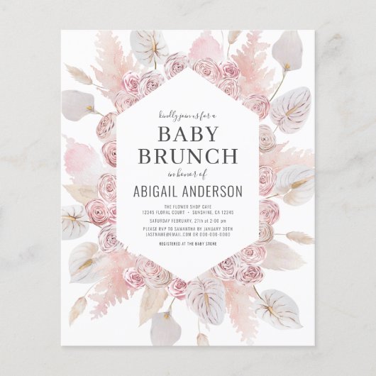 Budget Boho Blush Pink Baby Brunch Uitnodiging (Voorkant)
