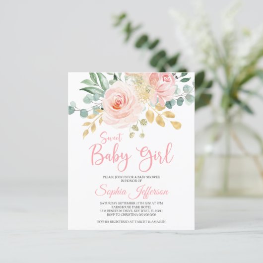 Budget Boho Blush Pink Baby shower Uitnodiging (Staand voorkant)