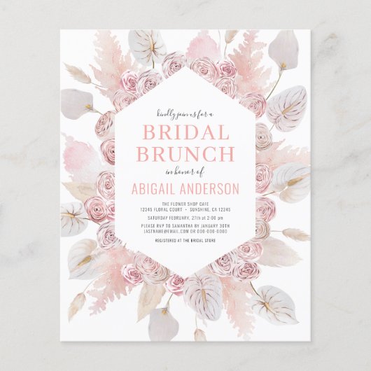 Budget Boho Blush Pink Bridal Brunch Uitnodiging Flyer (Voorkant)