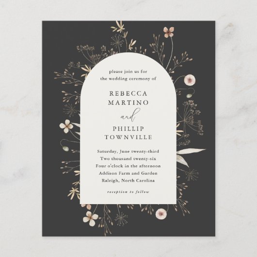 Budget Boho Boog Wildebloemen Trouwuitnodiging (Voorkant)
