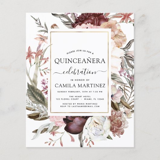Budget Boho Burgundy Quinceañera Uitnodiging Flyer (Voorkant)