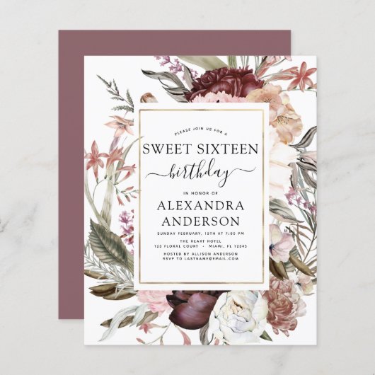 Budget Boho Burgundy Sweet 16 Birthday Uitnodiging (Voorkant / Achterkant)