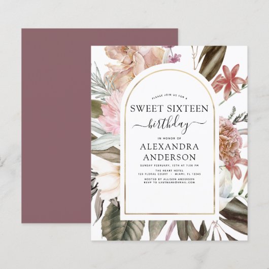Budget Boho Burgundy Sweet 16 Birthday Uitnodiging (Voorkant / Achterkant)