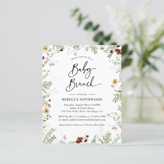 Budget Boho Chic Wildebloem Baby Brunch Uitnodigin (Staand voorkant)