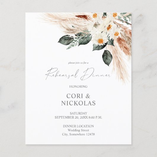 Budget Boho Copper & Floral Rehearsal Dinner Flyer (Voorkant)