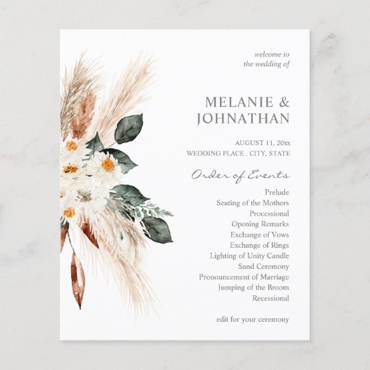 Budget Boho Copper & Floral Small Wedding Ceremony Flyer (Voorkant)