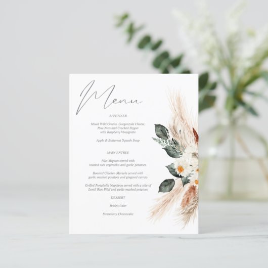 Budget Boho Copper Pampas & Beige Floral Menu (Staand voorkant)