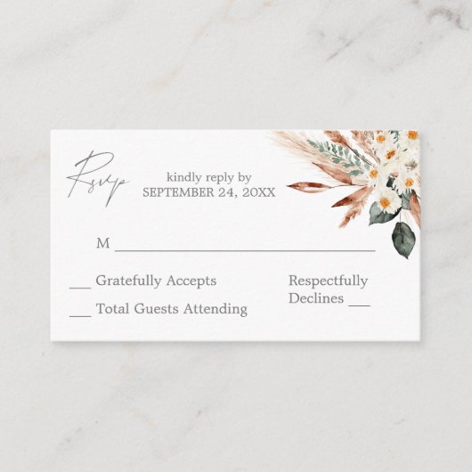Budget Boho Copper Pampas Floral 3SM No Meal RSVP Informatiekaartje (Voorkant)