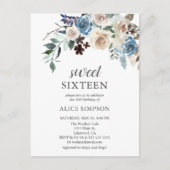 Budget Boho Dusty Blue Beige Flowers Sweet 16 Uitnodiging Briefkaart (Voorkant)