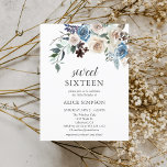 Budget Boho Dusty Blue Beige Flowers Sweet 16 Uitnodiging Briefkaart<br><div class="desc">Boho stoffige blauwe en beige neutrale bloemen met gedroogde bladeren.</div>