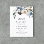 Budget Boho Dusty Blue Beige Flowers Sweet 16 Uitnodiging Briefkaart<br><div class="desc">Boho stoffige blauwe en beige neutrale bloemen met gedroogde bladeren.</div>