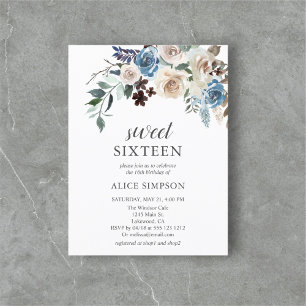 Budget Boho Dusty Blue Beige Flowers Sweet 16 Uitnodiging Briefkaart