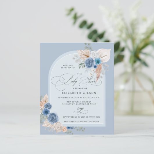 Budget Boho Dusty Blue Pampas Baby shower Invite (Staand voorkant)
