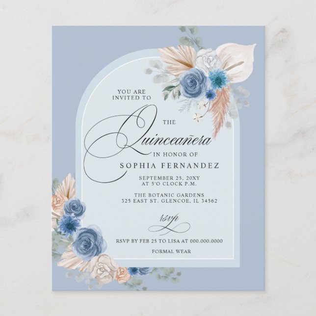 Budget Boho Dusty Blue Pampas Quinceanera Invite (Voorkant)
