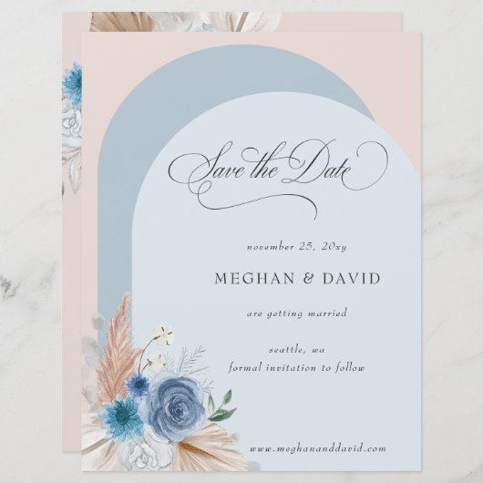 Budget Boho Dusty Blue Pampas Save the Date (Voorkant / Achterkant)