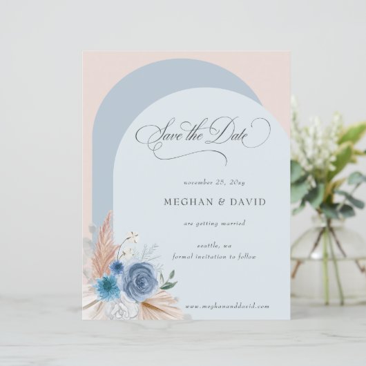 Budget Boho Dusty Blue Pampas Save the Date (Staand voorkant)