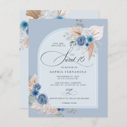 Budget Boho Dusty Blue Pampas Sweet 16 Uitnodiging (Voorkant / Achterkant)