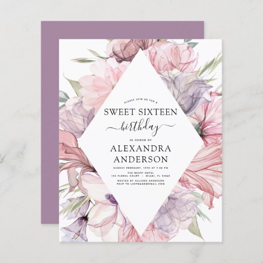 Budget Boho Dusty Paars Sweet 16 Birthday Floral (Voorkant / Achterkant)