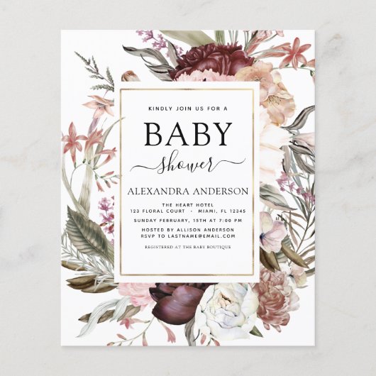 Budget Boho Dusty Pink Baby shower Uitnodiging (Voorkant)