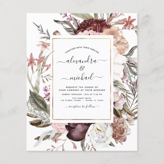 Budget Boho Dusty Pink Burgundy Weddenschap (Voorkant)