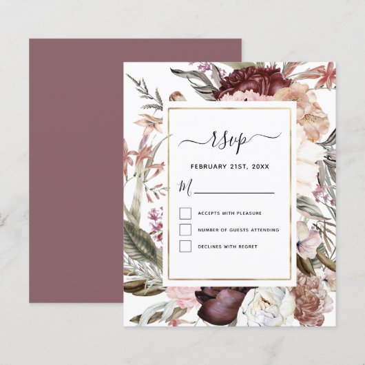 Budget Boho Dusty Pink Burgundy Wedding RSVP (Voorkant / Achterkant)