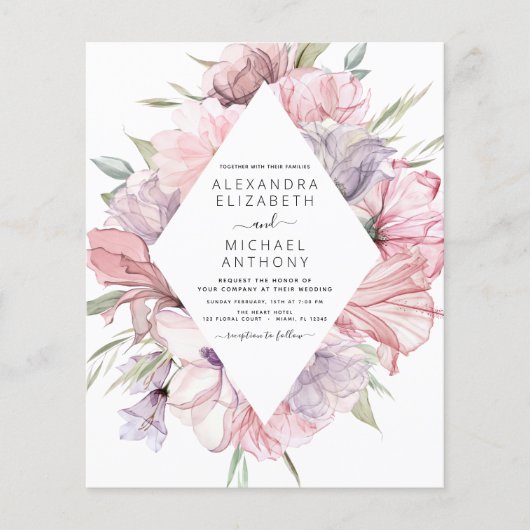 Budget Boho Dusty Pink Paarse Wedding Uitnodiging (Voorkant)