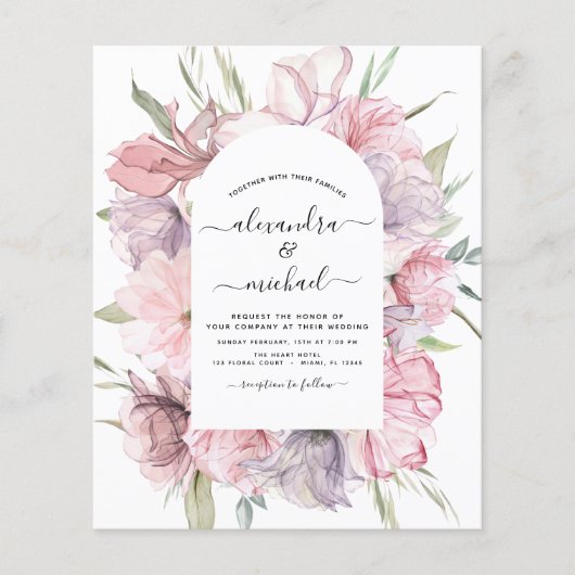 Budget Boho Dusty Pink Paarse Wedding Uitnodiging (Voorkant)