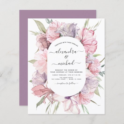 Budget Boho Dusty Pink Paarse Wedding Uitnodiging (Voorkant / Achterkant)