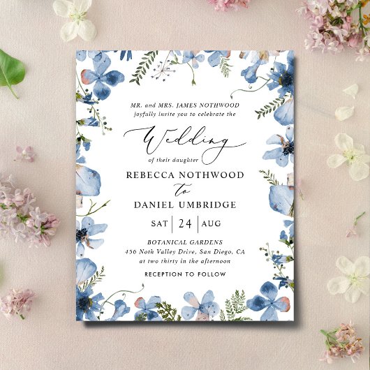 Budget Boho Elegant Blue Wedding Uitnodiging