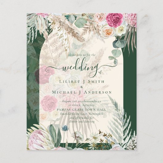 BUDGET BOHO Emerald Green BOHO Floral Pink Weddens Flyer (Voorkant)