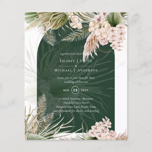 BUDGET BOHO Emerald Green Pampas Grass Wedding Flyer (Voorkant)