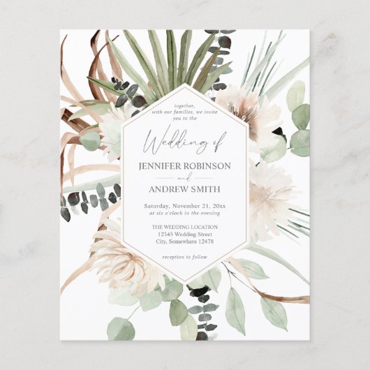 Budget Boho Eucalyptus Palmblad & Bloem Bruiloft Flyer (Voorkant)