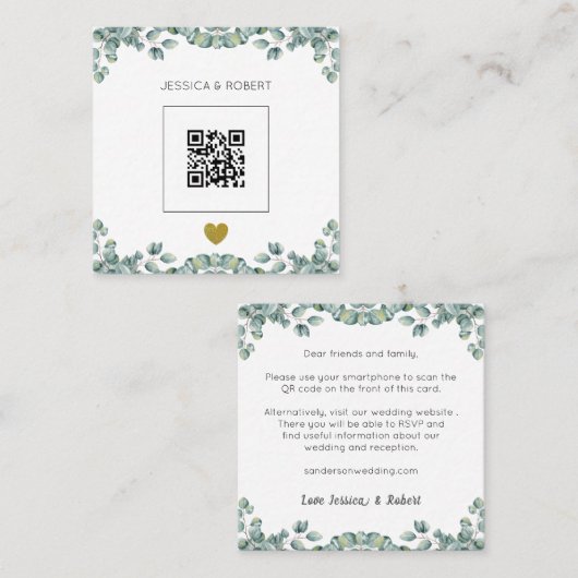 Budget Boho Eucalyptus QR Code Weddenschap Vierkante Visitekaartje (Voorkant / Achterkant)