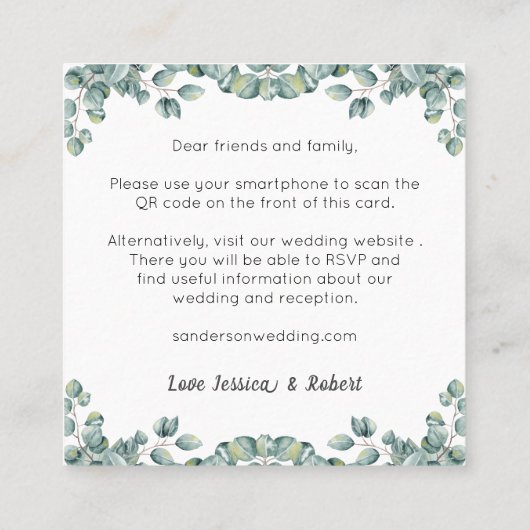 Budget Boho Eucalyptus QR Code Weddenschap Vierkante Visitekaartje (Achterkant)